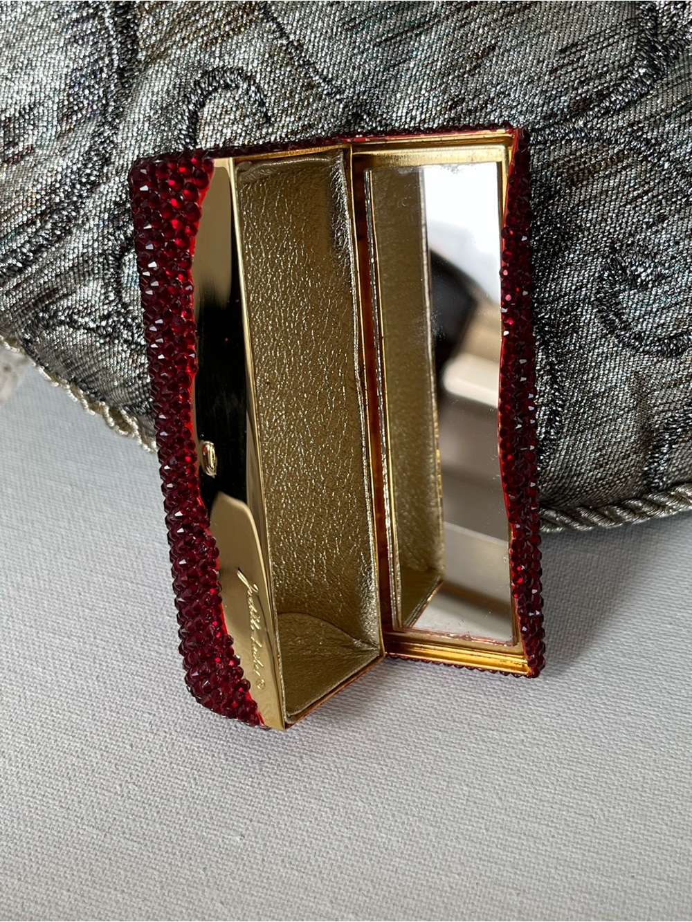 Judith Leiber Red Crystal Lipstick Compact Mirror Case, Like New - Picture 9 of 13
